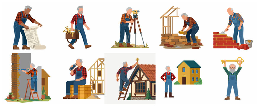 Senior construction worker building a house set, professional elderly builder character in various poses and stages of home construction illustration