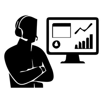 Business analyst silhouette with headset monitoring financial charts on screen.