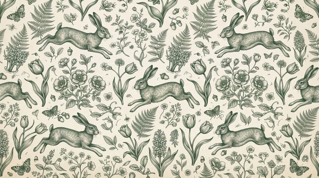 Detailed vintage botanical pattern featuring jumping hares and blooming flowers with delicate fern leaves in green illustration style