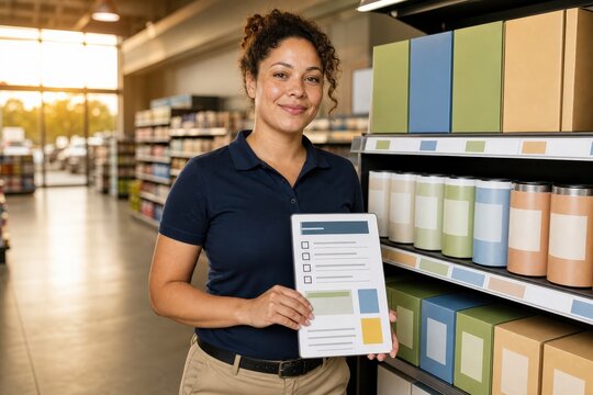 Mixed-race specialist holding a board for a retail shelf label audit
