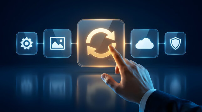 Businessman Touching Holographic Sync Icon for Software Update Cloud Backup and Data Migration