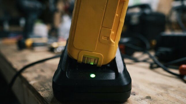 Yellow battery pack clicking into a charger dock with a glowing indicator light among cordless power tools.