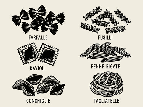 Linocut illustration of six italian pasta types, farfalle fusilli ravioli penne and tagliatelle, vintage woodblock style