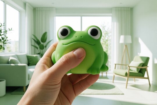 Hand squeezing green frog stress ball toy in modern living room. Person relieves anxiety, tension using soft foam fidget animal. Mental health support, emotional balance concept at home interior.
