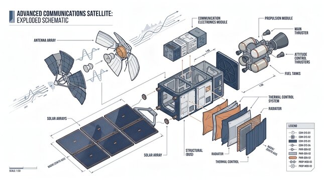Isometric exploded view schematic of a communication satellite with solar arrays and propulsion systems
