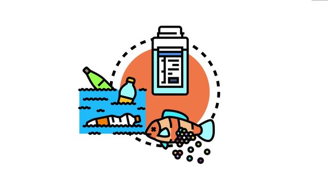 Ocean microbe product discovery conceptualizing environmental pollution. Plastic waste. Harmful microplastics impacting marine life. And innovative scientific research for solutions and sustainability