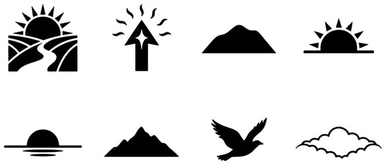 Fototapeta premium Minimalist nature icon set, black outdoor landscape symbols, sunrise mountain bird cloud vector icons for UI design