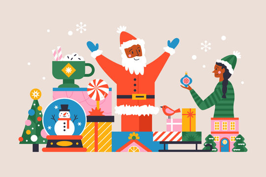 Merry Christmas modern poster design in trendy geometrical style. Template for cards, banner and background