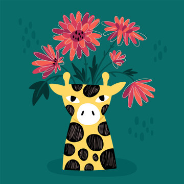 Greeting card with cute flower bouquet in modern vase. Childish print for wall art, banner and poster. Vector illustration