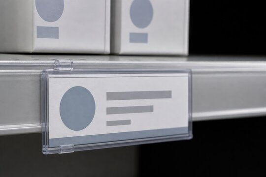 Retail shelf label audit paper insert beside a transparent alignment guide