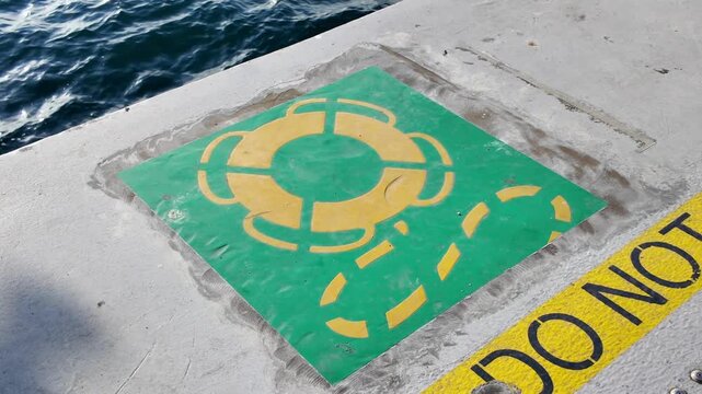 Safety lifebuoy symbol painted on concrete ferry terminal dock near deep blue ocean water.