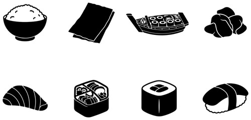 Japanese sushi vector icons set, black minimalist food silhouettes, nigiri and maki rolls collection for restaurant menu branding © Lalmiya