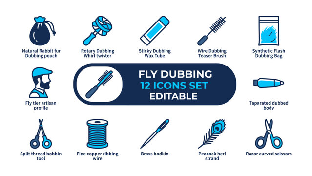 Fly Dubbing Tools and Accessories: A comprehensive set of 12 editable icons illustrating essential tools and materials for fly tying, including dubbing pouch, swizzler, tubes, brushes, and scissors.