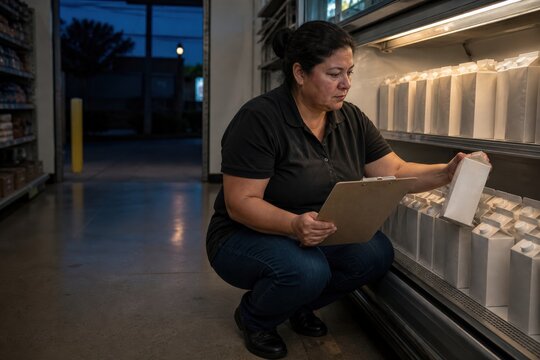 Hispanic woman checking a refrigerated display during a retail shelf label audit