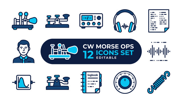 CW Morse Ops Icons Set: A collection of twelve editable icons representing the world of CW Morse code operation, featuring telegraph keys, radio equipment, headphones, sound waves.