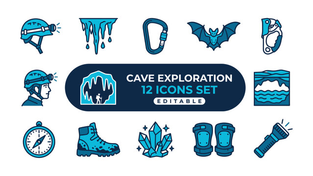 Cave Exploration Icons: A set of 12 meticulously designed vector icons for cave exploration, featuring essential gear like helmets, carabiners, boots, and a compass.