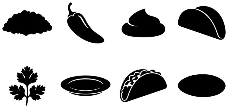 Mexican food icon set, black taco and chili pepper vector symbols, minimal jalapeno cilantro plate silhouette icons for restaurant menu graphics