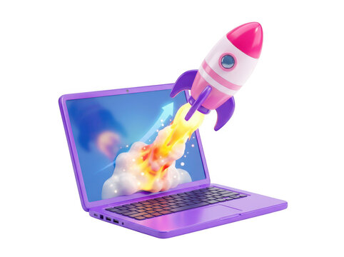 3d render of a purple laptop with a rocket launching from the screen isolated on transparent background
