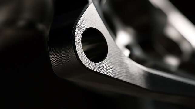 Macro view of a machined metal component with a circular hole.