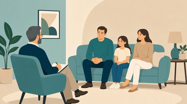 Family attending therapy session with professional counselor in office