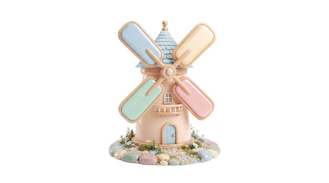 Pastel miniature windmill sculpture, whimsical clay toy model, decorative miniature windmill figure isolated on white