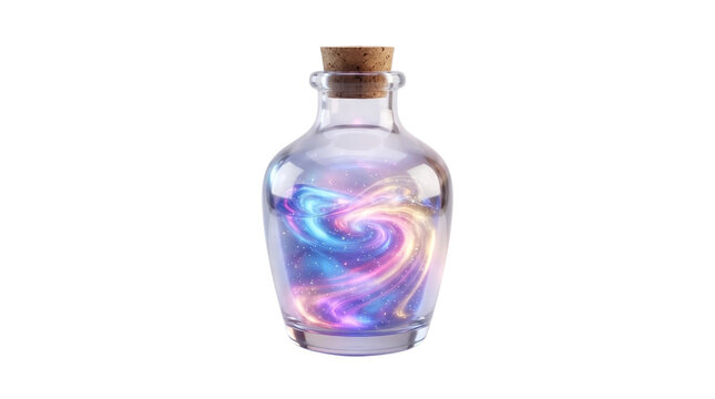 Magical glass potion bottle with glowing colorful elixir inside, glowing fantasy magic vial with cork stopper on white background