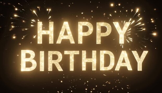 Festive motion graphic featuring the words &ldquo;HAPPY BIRTHDAY&rdquo; in elegant, highly readable 3D brown glittering letters centered against a deep pure-black background