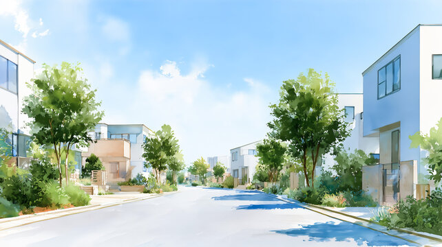 青空と緑に囲まれた新築戸建てが並ぶ分譲住宅街の水彩イラスト