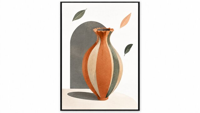 Elegant abstract ceramic vase with leaves and soft shadows