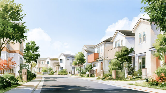 青空と緑に囲まれた新築戸建てが並ぶ分譲住宅街の水彩イラスト