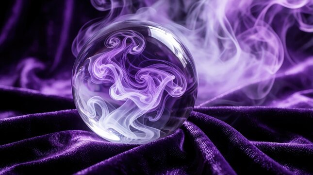 Sphere holds swirling purple mist magic smoke. Object rests on deep velvet cloth fabric backdrop. Mystical vapor suggests future reading divination art.