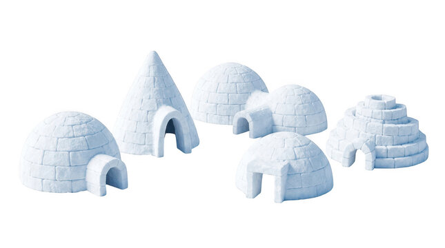 Set of various igloos made of ice blocks isolated on transparent background