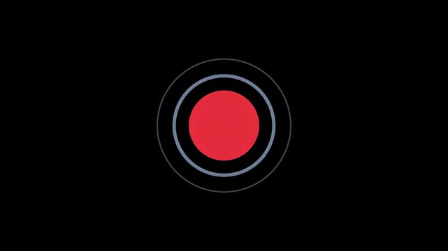 Minimalist flat design animation of a red recording dot with grey concentric rings on a black background.