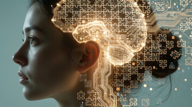 Woman profile with digital brain puzzle overlay. Artificial intelligence concept. Neural network technology. Future human mind. Cybernetic thought process. Cognitive computing. Digital learning.