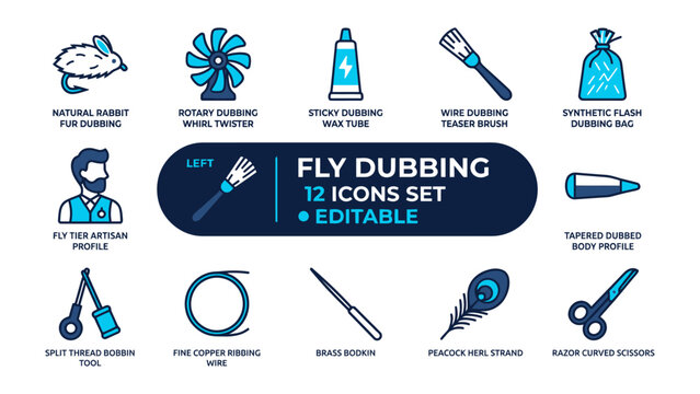Fly Tying Dubbing Icons Set: A comprehensive collection of 12 editable icons illustrating essential tools and materials for fly tying, including dubbing brushes, feathers.