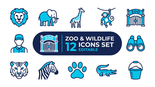 Zoo and Wildlife Icon Set: A collection of vibrant blue and white icons representing various zoo animals, a zookeeper, and park elements, perfect for educational or informational designs.