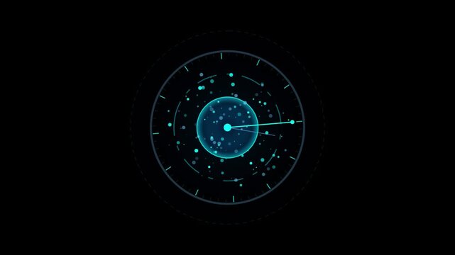 Abstract digital clock face with rotating hands in dark blue against a black background