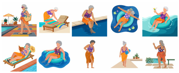 Fototapeta premium Senior woman enjoying summer vacation activities at the pool and beach vector illustration set