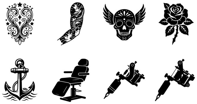 Vintage tattoo studio black and white vector icon set, classic flash art elements, skull rose anchor and tattoo machine graphic silhouettes