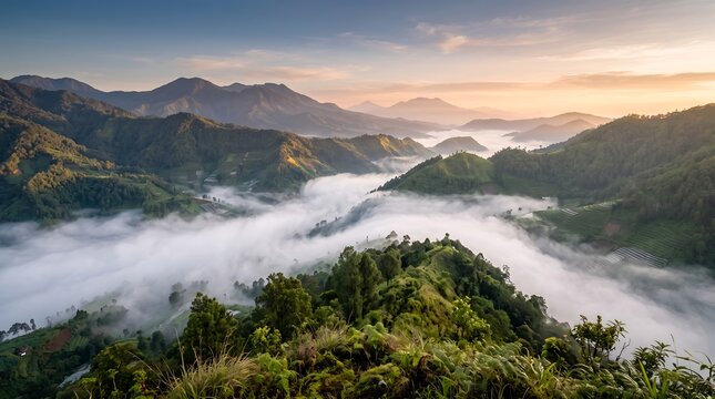 Morning sunrise over misty tropical mountains and terraced fields in Java
