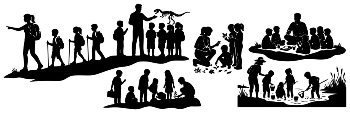Kids outdoor summer camp vector silhouette set, children hiking and learning nature group silhouettes, black campfire campfire activity elements