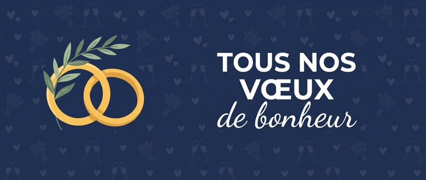 French wedding greeting banner gold rings with olive branch and typography text Tous nos v&oelig;ux de bonheur on dark blue background for marriage congratulations card invitation cover template vector