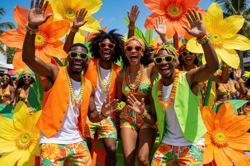 Naklejka premium Happy diverse group of friends celebrating at colorful street carnival parade. People wear bright tropical outfits, sunglasses, flower necklaces waving hands. Lively summer festival atmosphere with