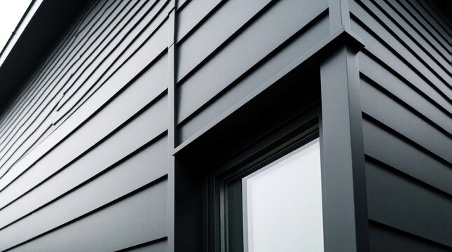 Closeup of modern building facade with dark grey horizontal siding. Sleek metal panels, window frame create geometric pattern. Contemporary architectural design features clean lines, smooth texture