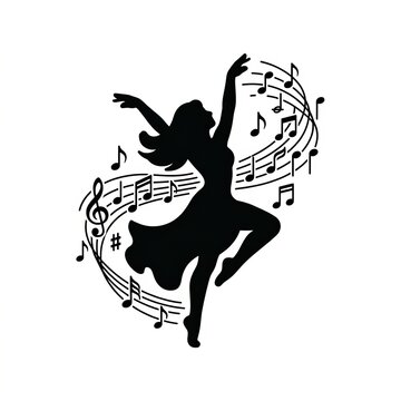 Elegant black silhouette dancer with musical notes illustration.