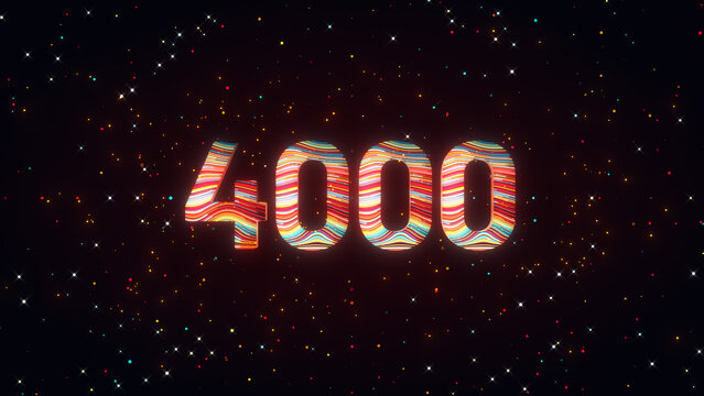 Vibrant 3D number 4000 illuminated by red, yellow, and multicolor flowing lines, glowing particles, and cosmic sparkles for a futuristic digital achievement concept.