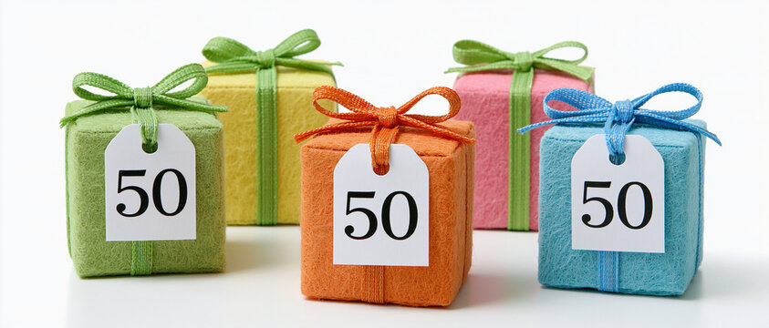 Colorful gift boxes with 50 tags, ready for celebration. The boxes are tied with ribbon, suggesting a special occasion or milestone, perhaps a 50th birthday or anniversary
