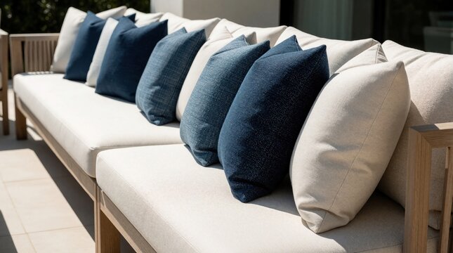 Modern outdoor sofa with beige cushions, blue pillows on wooden patio furniture. Comfortable lounge seating in garden terrace backyard area. Stylish backyard decor for summer relaxation at luxury