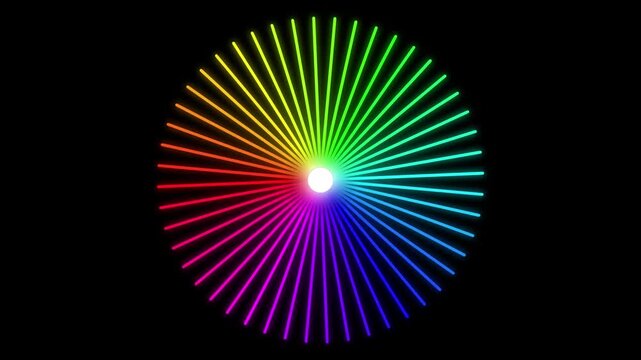 Abstract radial spectrum bursts with vibrant color gradients against a dark backdrop in cinematic motion