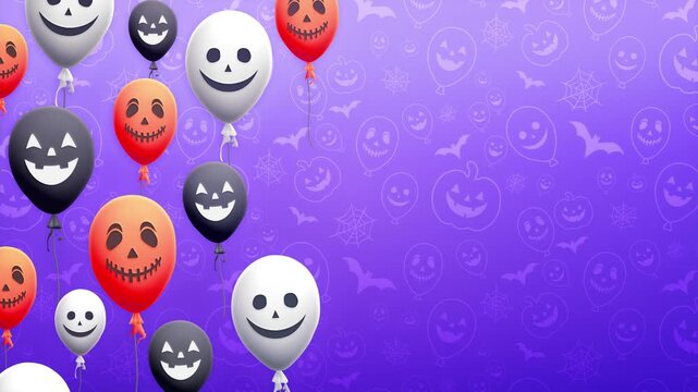 Halloween Balloons Background with Spooky Jack o Lantern Faces and Purple Pattern
